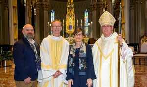 O. Carter Snead, Fr. Bob Dowd CSC, Dr. Elvira Parravicini, and Bishop Kevin C. Rhoades